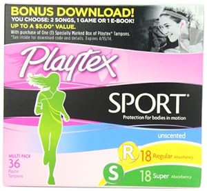 Playtex Sport Tampons Multipack, Unscented Regular/Super Absorbency, 36 Count