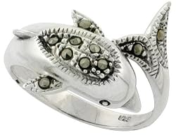 Sterling Silver Marcasite Dolphin Ring, 11/16" (17mm) wide