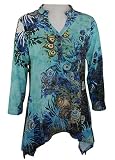 Boho Chic Clothing - Blue Ocean, Overlay Print, Split Mock Neck Collar, Decorative Asymmetric Hem with Three Button Front, Womens Tunic Top