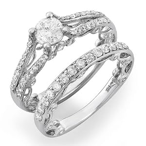 1.00 Carat (Ctw) 14k White Gold Round Diamond Ladies Bridal Ring Semi Mount Engagement Set with Matching Wedding Band (No Center Stone) (Size 7)