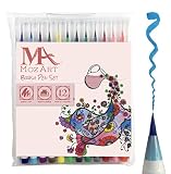 Brush Pens Set - 12 Colors - Soft Flexible Tip, Durable, High Quality, Create Watercolor Effect - Best for Adult Coloring Books, Manga, Comic, Calligraphy - Dual Thickness - MozArt Supplies