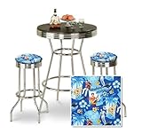 IMAGE OF Chrome Bar Table & 2 Chrome Finish Elvis Presley Blue Hawaii Fabric Seat Barstools