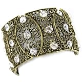 Perforated Brass Filigree Eyelets - Faux White Diamonds - Costume Glam - Stretch Bracelet