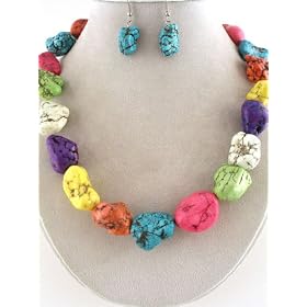 Beautiful X-Chunky Genuine Turquoise, Red Coral and More Stone Necklace and Earrings Set Silver...