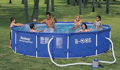 blue outdoor plastic swimming pool with people having fun