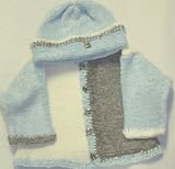 Ck78 Knitted on Hand Knitting Machine Three Color White Grey and Blue Chenille, Trimmed By Hand Crochet Boys Cardigan, Hat Set.