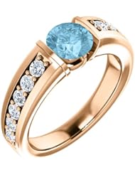 14K Rose Gold 6.00mm Round Cut Aquamarine and Diamond Ring -- LIFETIME WARRANTY
