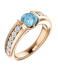 18K Rose Gold 6.00mm Round Cut Aquamarine and Diamond Ring -- LIFETIME WARRANTY