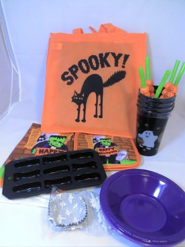 Halloween Party Supplies - Spooky Party Bags - Cupcake Kit - Straws - Ice-cube Tray - Hand Towel - Pot Holders - Halloween Tumblers and Purple Plastic Bowls with Warranty