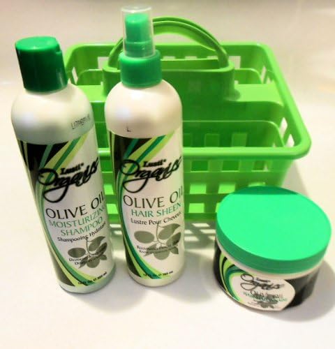 Organics Olive Oil Hair Care Package with Shampoo, Hair Sheen Spray, Hair Mayonaise & a Plastic Divided Carrying Basket