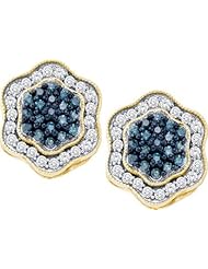 10KT Yellow Gold 0.75 CTW Blue Diamond Flower Earrings