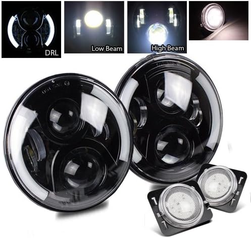 7 Inch Round CREE Black LED Projector Headlight and 3.5W 7pcs 3030 SMD Side Marker(Chrome White) for Jeep JK TJ LJ CJ