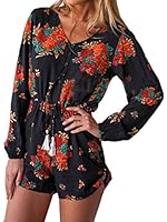 Choies Women's Blue Floral Sweetheart Long Sleeve Tie Waist Romper Playsuit