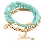 Ladies Gold with Turquoise "Made with Love" Style Love, Heart, Arrow Charms Beaded Stretch Bundle Bracelet