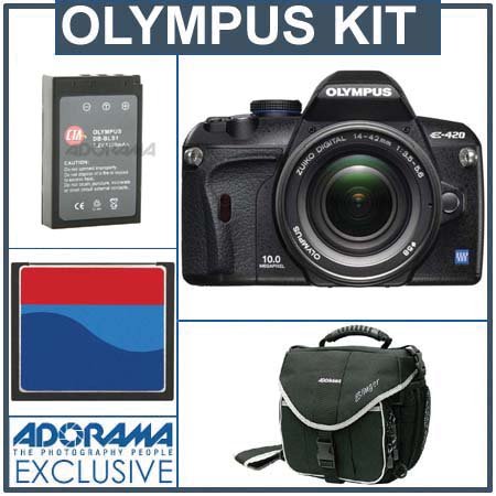 Olympus E-420 Digital SLR Camera / Lens Kit with 14mm - 42mm f/3.5-f/5.6 Zuiko Digital Zoom Lens, 4 GB CF Memory Card, Spare BLS-01 Lithium-Ion Rechargeable Battery, Slinger Camera System Bag