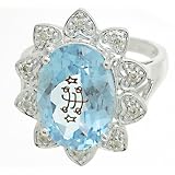 Oval Shaped 14x10mm Blue Color Stone Baha'i Faith Ringstone Symbol -Halo Pave Round Diamonds (0.10ct tw Clarity I1 I-J Color) 14k White Gold Flower Design Ring, Sizes 3-12