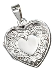 Sterling Silver High Polish Flat Heart Locket with Scroll Border