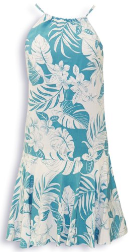 Drop Waist Halter Dress - Fancy Garden Hawaiian Aloha Drawstring Back Flared Circular Skirt Halater Sun Dress in Teal - L