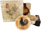 Chickens or Rooster Motif Set of Napkins + Absorbent Stone Ceramic Coasters in Wood Holder, Wine Themes, 2 designs