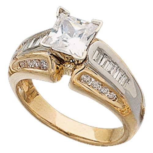 0.62 Ct.T.W. Baguette and Round Brilliant Cut Diamonds 14Kt. Two Tone Gold. Diamond Engagement Ring Semi Mount Setting