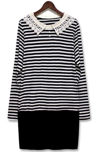 (イイネショップ) eeNeshop ロング丈 襟 レース 配色 ボーダー カットソー