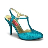 3 1/2 Inch Heel Turqoise Glitter Sandal Pump Shoes Sexy High Heel T-Strap Shoes