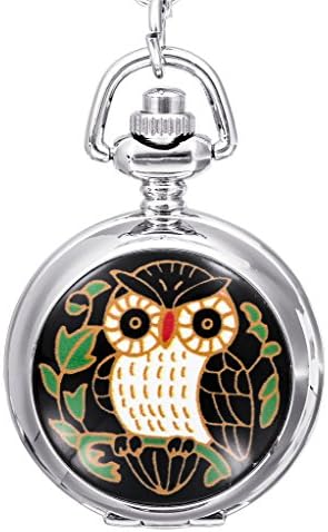 Infinite U Green Owl Small Quartz Pocket Watch with Mirror Arabic Numerals Silver