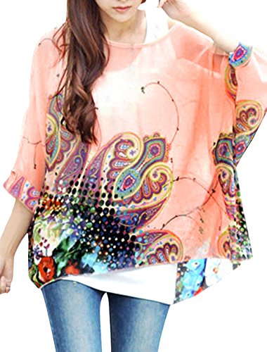 Allegra K Lady Batwing Sleeve Floral Prints Semi Sheer Chiffon Oversize Shirt