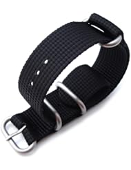 MiLTAT 22mm 3 Ring Zulu military watch strap 3D woven Thick Nylon - Matte Black, Brushed Hardware