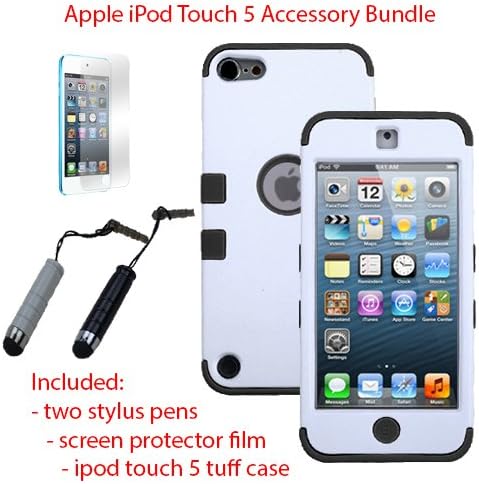 MINITURTLE, Premium Sleek Dual Layer 2 in 1 Hybrid Protective TUFF Case Cover, Two Mini Stylus Pen, and Screen Protector Film for Apple iPod Touch 5 5th Generation (White / Black)