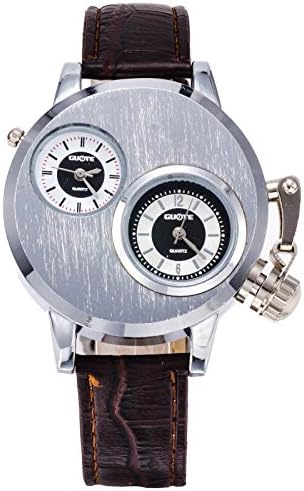 Large round dial fashion alloy double movement belt men's business casual watches-Brown