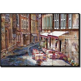 Afternoon in Albi by Ginger Cook - Village Scene Tumbled Marble Mural 16" x 24" Kitchen Shower Backsplash