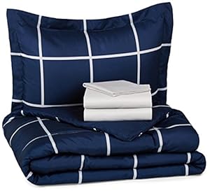 AmazonBasics 5-Piece Bed-In-A-Bag - Twin/Twin XL, Navy Simple Plaid