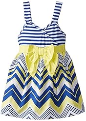 Girls Cotton/Polyester/Rayon/Spandex/Knit Elasticized   Waistline  Striped Print Zig Zag  Dress With a Bow(s)