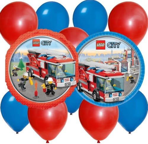 12 pc Lego City Party Balloons Kit: 2 Mylar 5 Blue 5 Red Latex