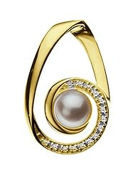 18K Yellow Gold White Akoya Cultured Pearl and Diamond Pendant -- LIFETIME WARRANTY