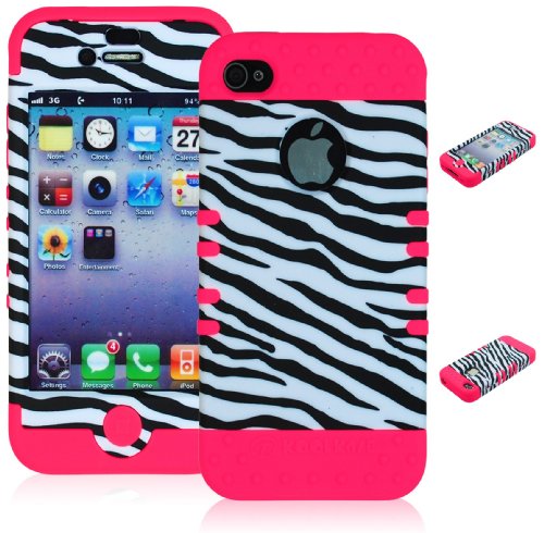 Bastex Hybrid Tuff Case for Apple iPhone 4, 4s - Pink Silicone with Black & White Zebra Design Shell