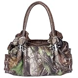 Designer Realtree camouflage Floral embossed western studded shoulder handbag with end ring accented Camouflage / Brown