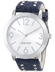 Nine West Womens NW/1617SVDM Silver-Tone Stud Accented Denim Strap Watch