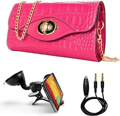 Cassie Croc Fancy Women's 100% Leather Clutch Wallet Evenings, Weekend Purse For Nokia Lumia 435, 521, 530, 535, 730, 735, 830 + Auxiliary Cable + Windshield Car Mount
