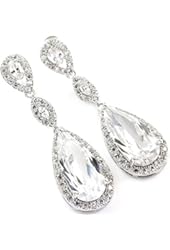 FC Clear Color Dangle Teardrop Swarovski Elements Crystal White Gold Plated CZ Bridal Wedding Earring