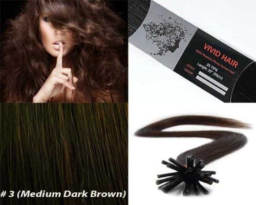 Vivid Hair 100 Strands Micro Ring Links Locks Beads Straight Keratin Stick I Tip Human Hair Extensions Color #3 Medium Dark Brown