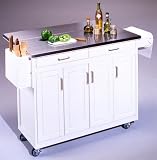 Stainless Steel Top White Kitchen Cart with Breakfast Bar