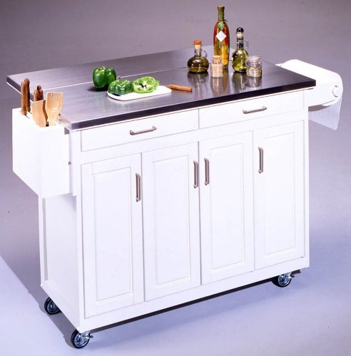 Stainless Steel Top White Kitchen Cart with Breakfast Bar