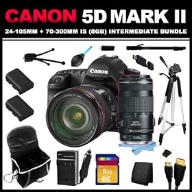 Canon EOS 5D Mark II 21.1MP Full Frame CMOS Digital SLR Camera with EF 24-105mm f/4 L IS USM Lens + Canon EF 70-300mm f/4-5.6 IS USM Lens for Canon EOS SLR Cameras (8GB Intermediate Bundle Kit) includes Charger, x2 Batteries, 8GB SD Card, USB Card Reader, HDMI Cable, Carrying Case, 6'' Mini Tripod, 