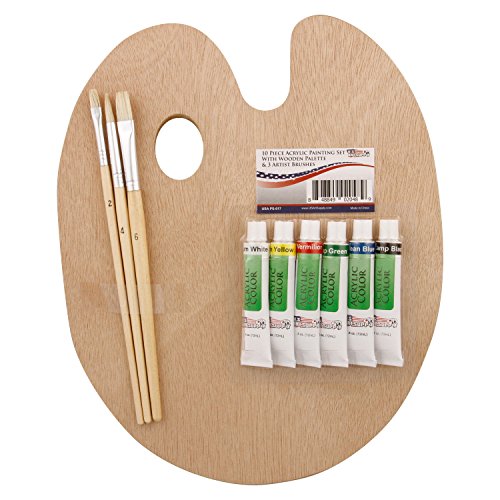 US Art Supply Wood Palette with 6-Piece Acrylic Paint Set & 3-Piece Brush Set