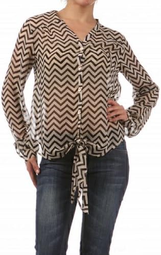 Cals Women's Chevron Zig Zag Stripe Long Sleeve Tie Button Blouse-Beige-Small