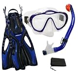 PROMATE Junior Snorkeling Scuba Diving PURGE Mask DRY Snorkel Fins w Mesh Bag Set for kids - Blue - L XL