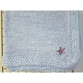 Bk43, Knitted on Hand Knitting Machine Then Finished By Hand Crochet Blue Chenille with Denim Cotton Tweed Infant Blanket Trimmed with Star American Flag