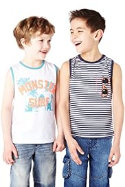 2 Pack Pure Cotton Graphic Monster & Striped Vest Tops